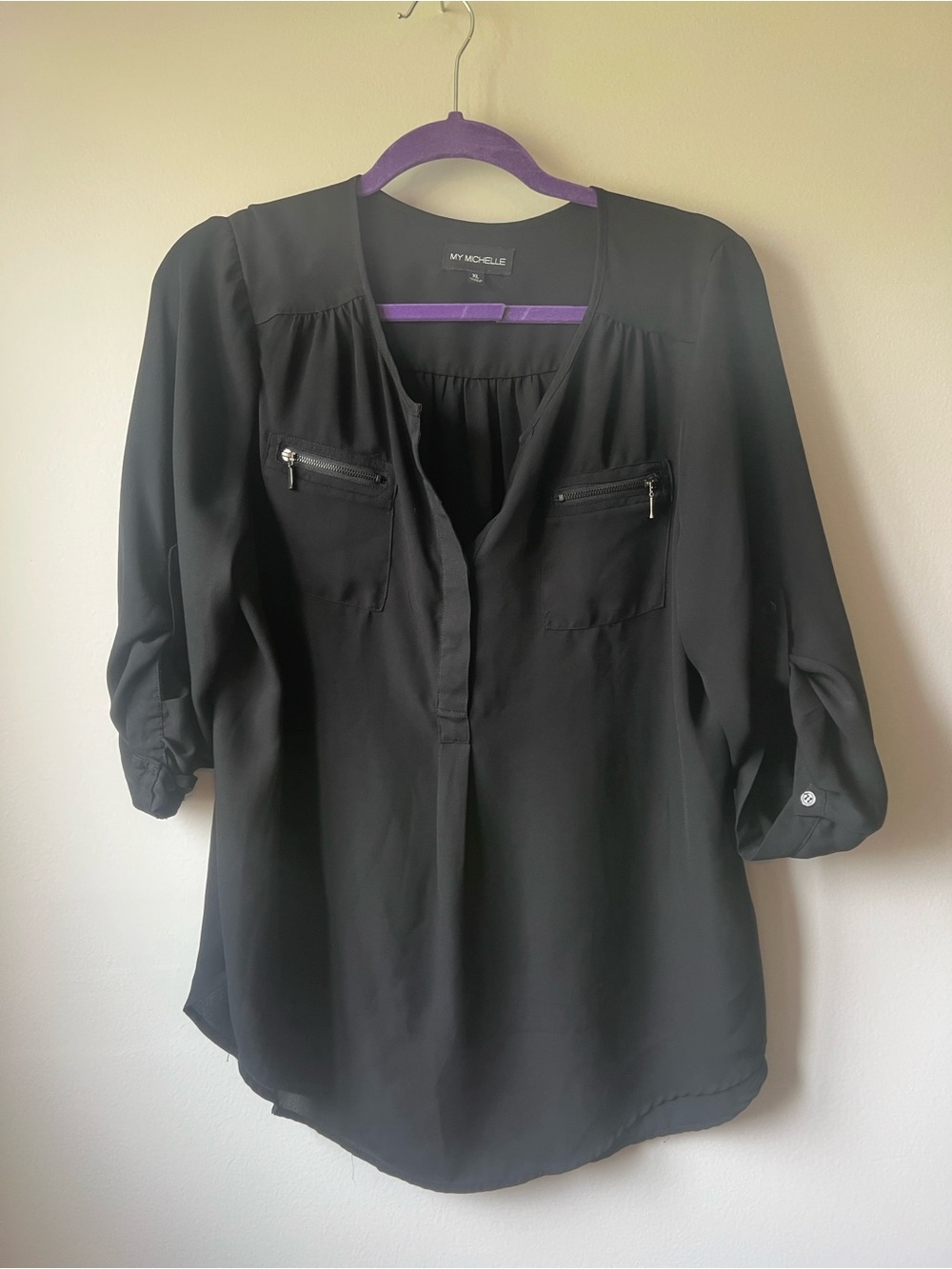 MY MICHELLE Black sheer high low blouse size XL sleeve buttons